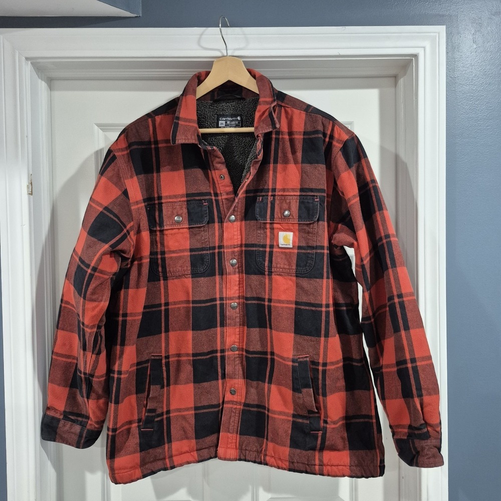Carhartt Flannel Shirt Jacket Mens 2XL Red Buffalo Check Sherpa Lined Shacket - Picture 2 of 11